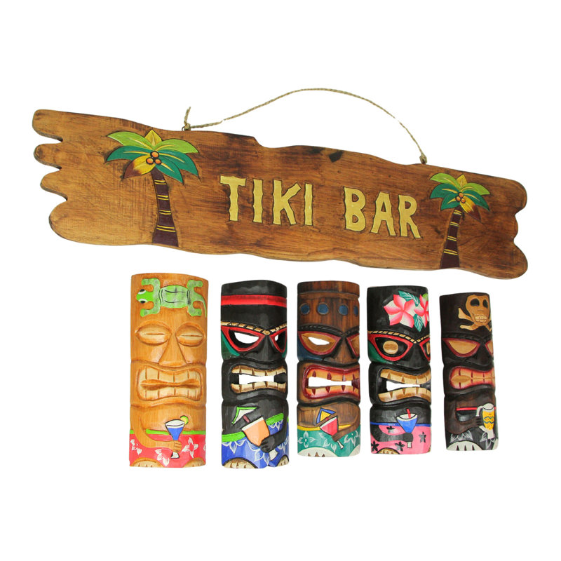Ensemble de 5 masques muraux en bois polynésien sculptés à la main et enseigne de bar rustique Tiki
