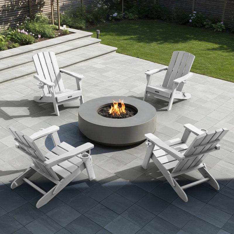 Set of 4 HDPE Outdoor Adirondack Chair Wood Texture Folding Firepit Chair  With  Cup Holder, White