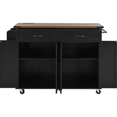 53.5'' Large Rectangular Kitchen Island With Built - In Charging Station, Foldable Drop Leaf, 4 Doors, 2 Drawers, And 5 Universal Wheels, Black Brown Wood Finish Style Power Outlet, Spice Rack,