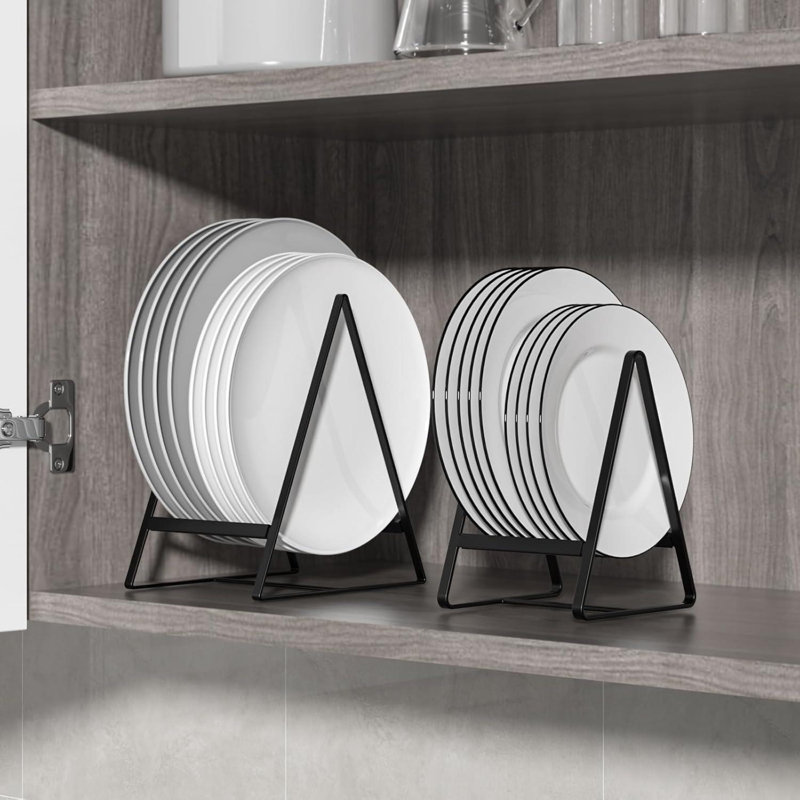 Triangle Plate Holder Organiser 2-Pack – Heavy-Duty Metal Dish Racks For Kitchen Cupboard & Countertop | Space-Saving Plate Stands (Black)