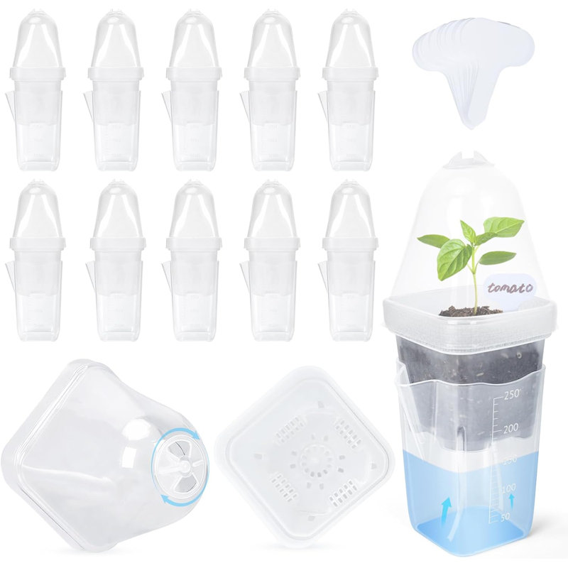 Lot de 12 pots à semis auto-irrigués avec mèches, dômes et étiquettes pour plantes