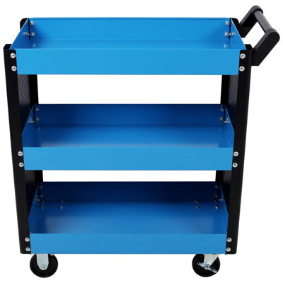 Chariot à outils sur roulettes à 3 niveaux sur roulettes, chariot à outils robuste avec panneau perforé pour atelier de réparation, garage, entrepôt, bleu