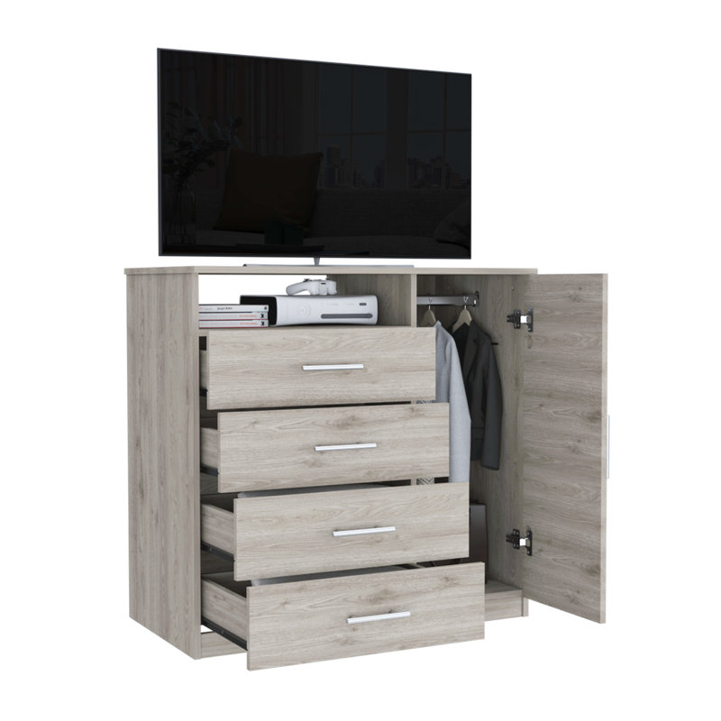 Commode 4 tiroirs avec placard vertical Khenadi, Gris clair