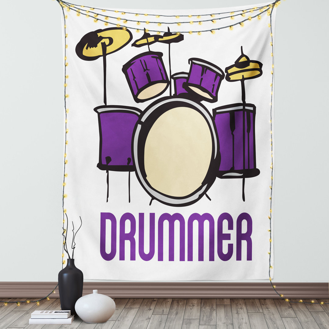 Wandbehang Long Font Drummer Wording mit Cartoon-Stil Grafiken Instrument Silhouette