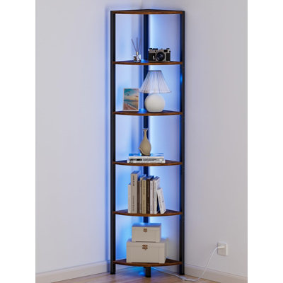 Étagère d'angle à 6 niveaux avec éclairage à DEL, grande tablette de rangement debout de 67,5 po, bibliothèque étroite avec support de rangement pour coin mural, salon, chambre à coucher, structure en métal, étagère en bois