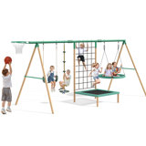 6 In 1 Multifunction Kids Swing Set For Backyard, Heavy-Duty A-Frame Metal Stand With 3 Adjustable Swing Climbing, Net, Trampoline, Basketball Hoop
