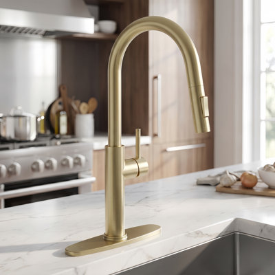 Stainless Steel 360-Degree Swivel Kitchen Faucet with Pull-Out Spray Head and Deck Plate