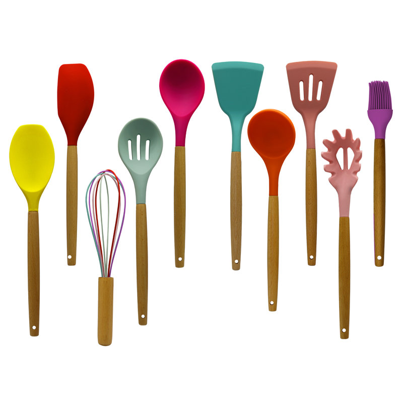 Cheer Collection 12 Piece Multicolor Silicone Spatula Set with Wooden Handles