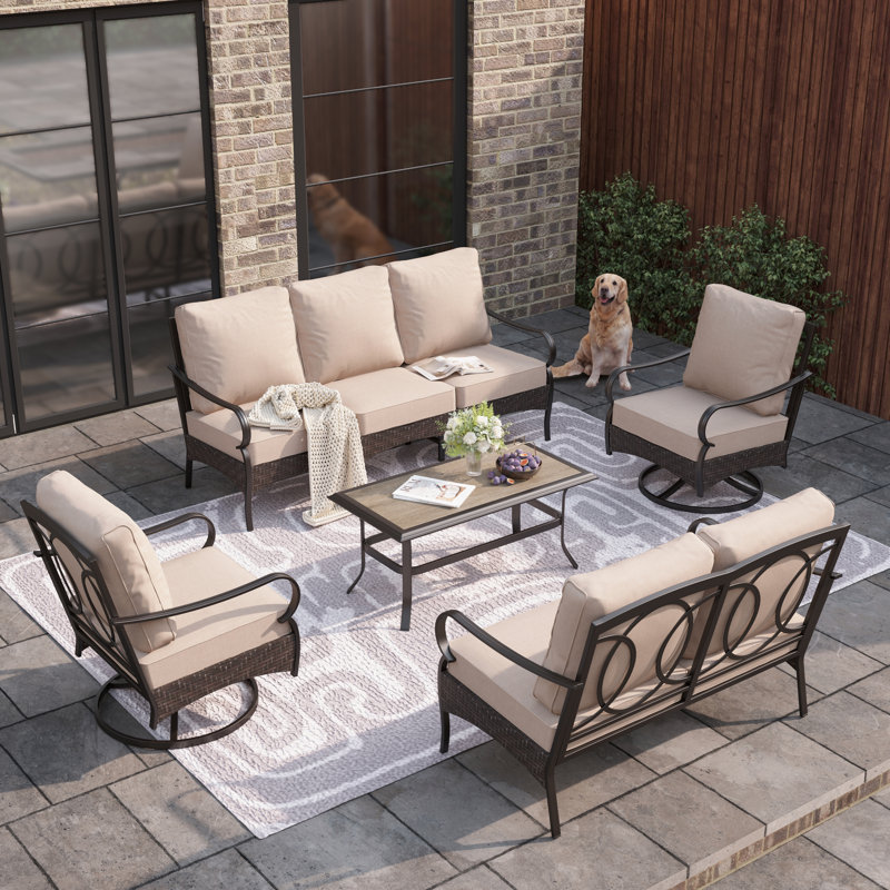 9-person Swivel Outdoor Conversation Set With Loveseat & Swivel Lounge Chairs, Beige