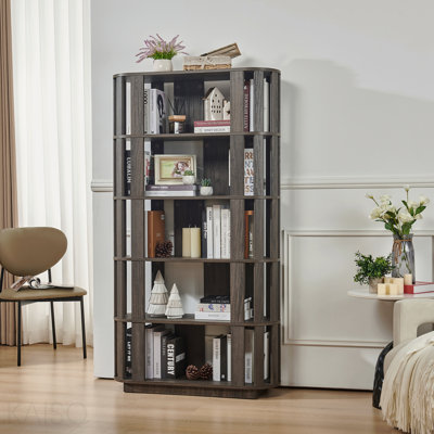 Wooden Oval Open Bookshelf, Mdf Grid Frame Freestanding Bookcase, 5-Tier Easy Assembly Storage Display Rack For Living Room Home Office Decor, Diy Free Combination Storage Cabinet Study Room