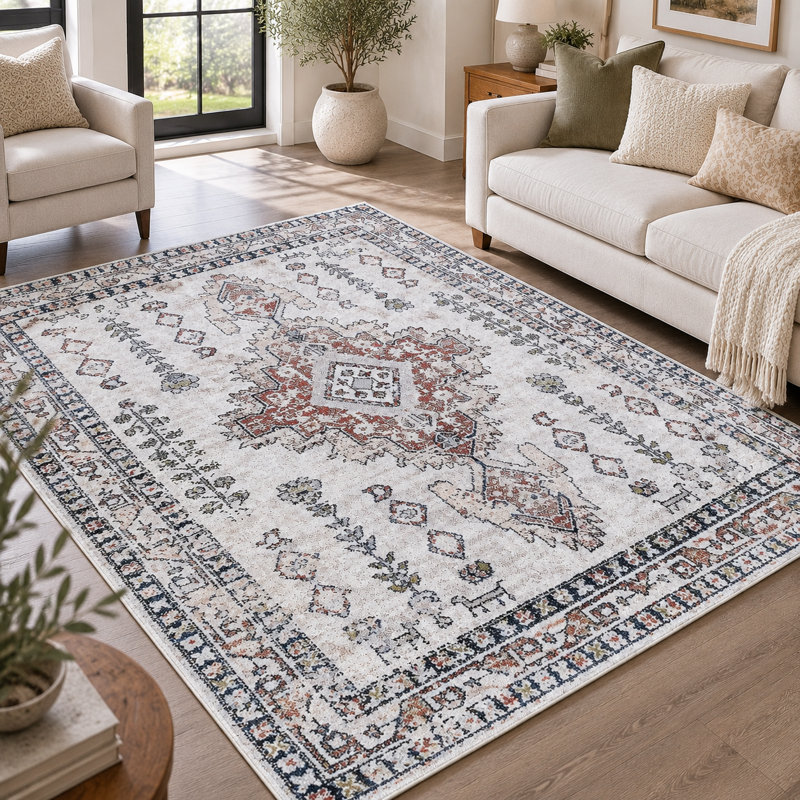 Tapis d'intérieur rouge antidérapant lavable à la machine Florant en rouge / beige / crème, Rectangle de 5 pi x 8 pi