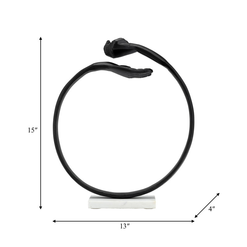 Arbelaez Modern Black Metal Hand Sculpture with Circular Design on White Marble Base 15" for Living Room or Office Decor