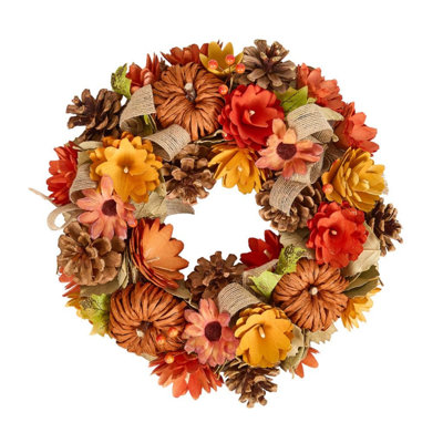 17 Inch Autumnal Wooden Floral Wreath (Orange), Evergreen Door Wreath Ornament with Pine Cones, Wooden Flowers & Pumpkins, Halloween & Thanksgiving Decor, Wreath & Garland for Front Door, Wall & Home Decor