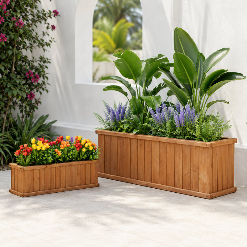 2-Piece Cedar Wood Outdoor Planter Box Set with Drainage, 40-Inch and 48-Inch Rectangular, Brown