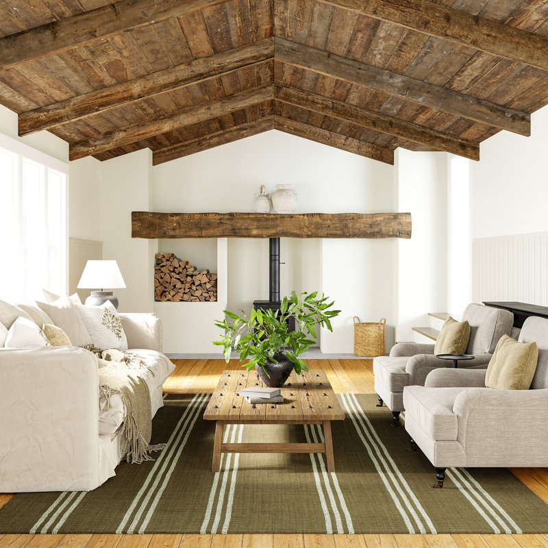 Handmade Olive Green Striped Wool Rectangular Area Rug