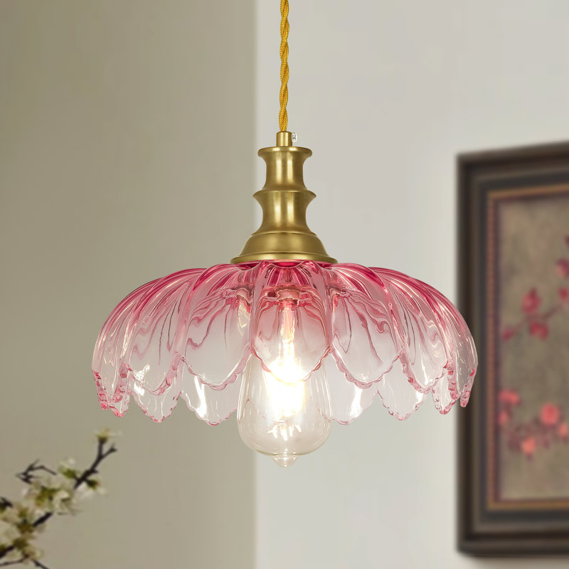 Luminaire suspendu en forme de dôme doré à 1 lumière de 10,23 po de largeur avec abat-jour en verre pétale avec cordon, Rose