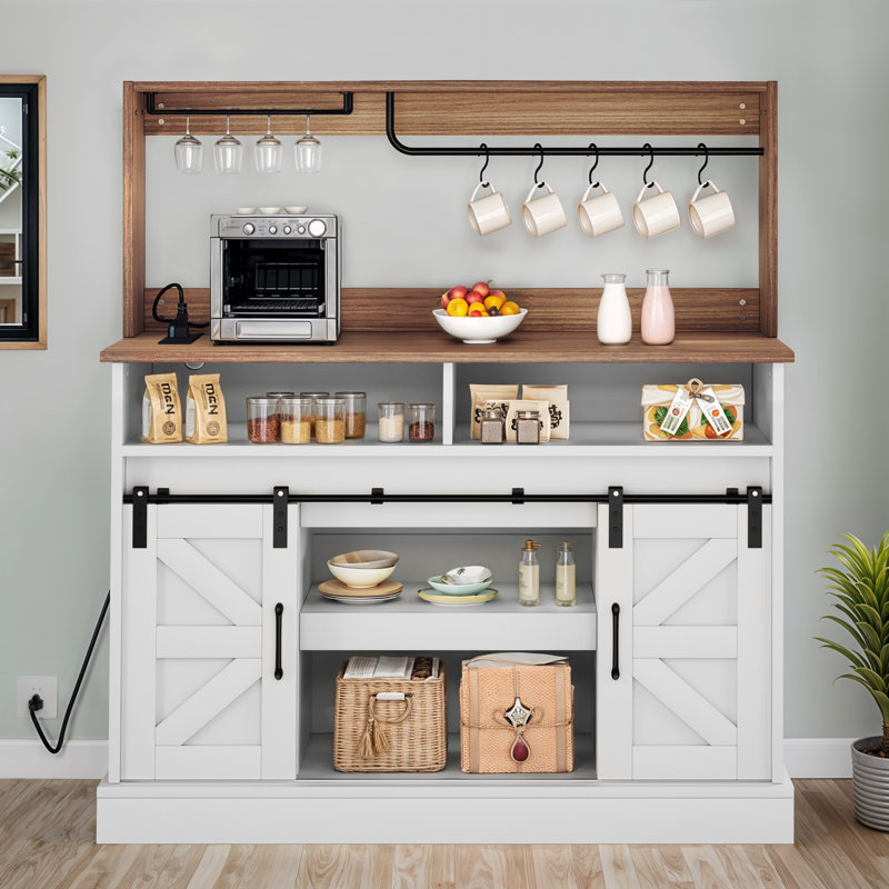 Piter 51.9'' Farmhouse Bar Cabinet, Sideboard Buffet, Coffee Bar Cabinet with Stemware Rack and Mug Hooks, Brown/White