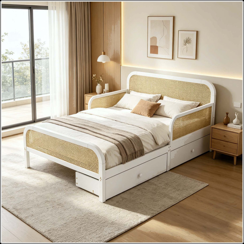 Lit plateforme en rotin avec 2 tiroirs de rangement, Lit simple, Blanc