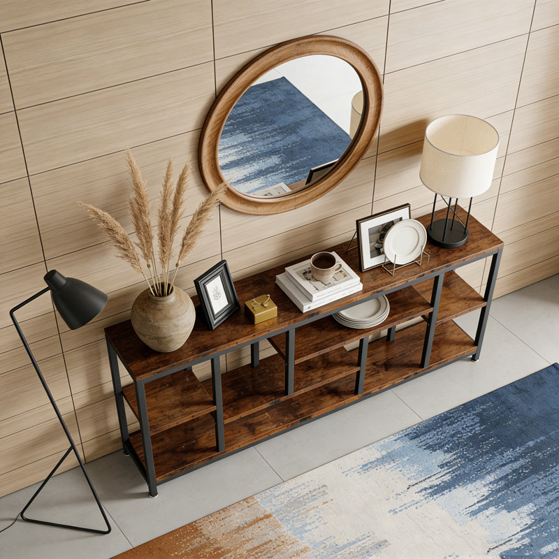 Entryway Sofa Table with Storage Shelves, Rustic Brown & Black