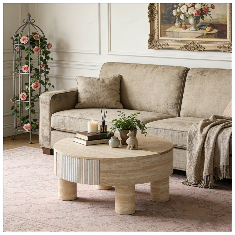 Table basse ronde avec plateau rabattable et rangement caché, parfaite pour les petits espaces et la vie moderne