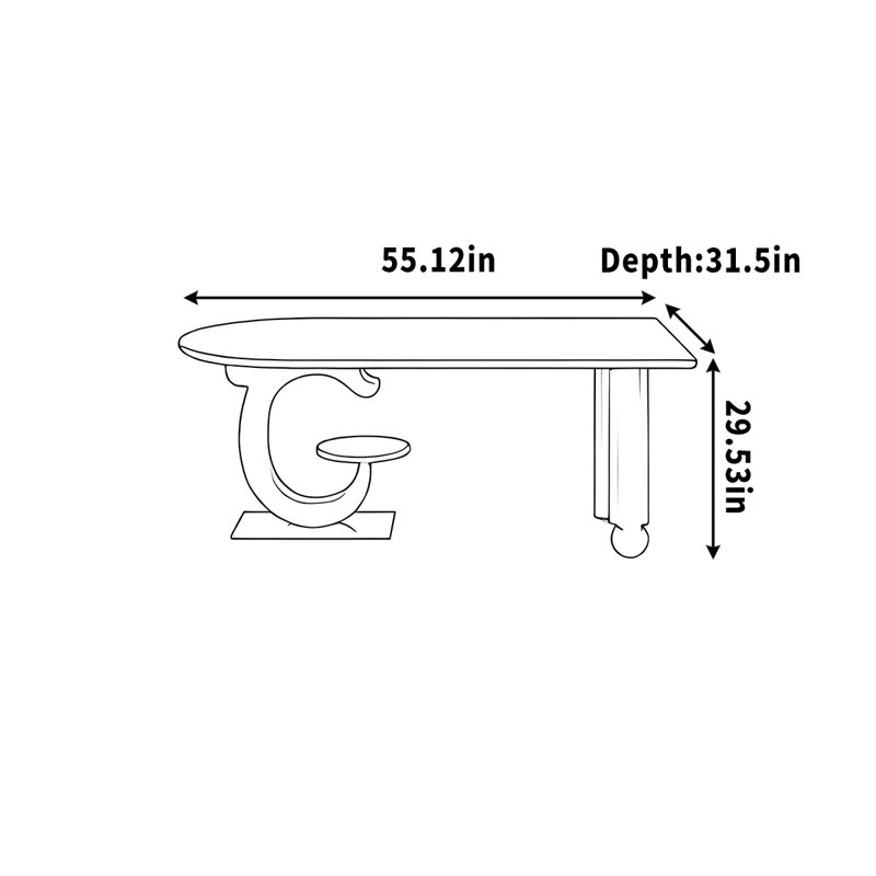 Bureau brun semi-circulaire à usage domestique, bois massif, H 29,53 po x l 55,12 po x P 31,5 po