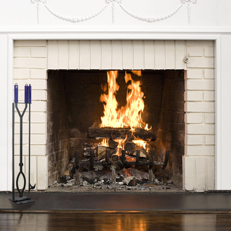 Ensemble d'outils pour foyer avec support en métal, ensemble d'outils robustes pour foyer extérieur, pince à bûches pour feu de camp, feu de jardin, utilisation intérieure et extérieure (noir)