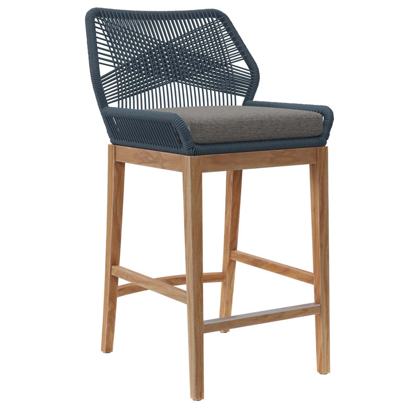 Graphite Blue Teak Wood Outdoor Bar Stool with Cushions