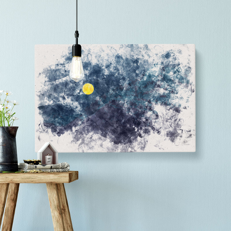 Yellow Moon Over The Mountain Watercolour - Wrapped Canvas Print, 40cm H x 60cm W x 3cm D