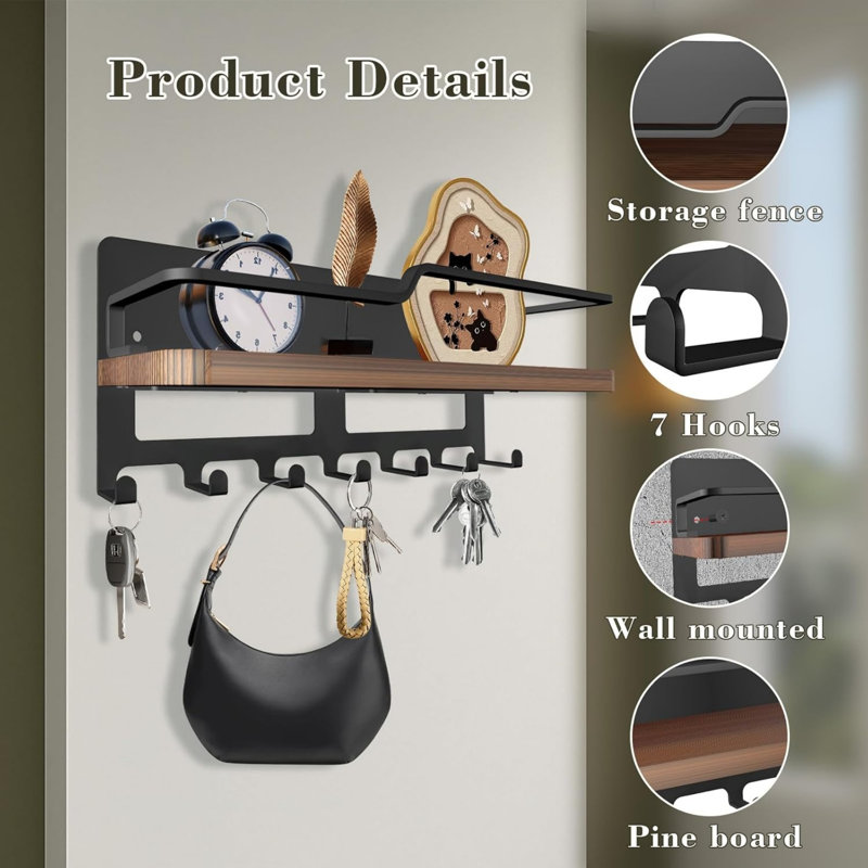 Wood Wall Organizer with Key Hooks