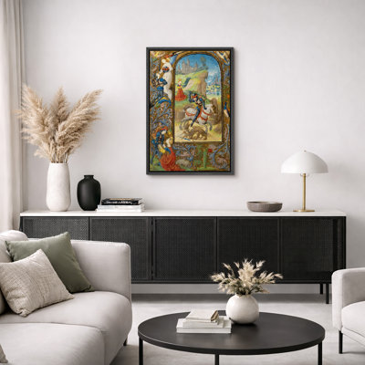 Ornement médiéval Saint George, tueur de dragon illuminé avec bordure florale, photos de salon gothique rétro, impression sur toile encadrée, impression sur toile