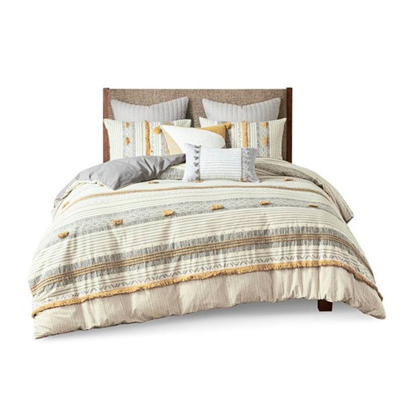 Housse de couette 100% coton pour lit très grand / très grand avec fermeture à boutons en tissu gris et jaune