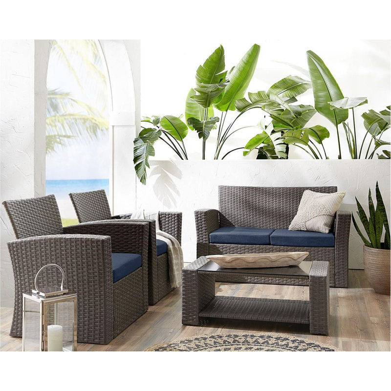 Tisdale 4-Piece UV Resistant Outdoor Conversation Set with Cushions, Gray, Navy Blue Performance