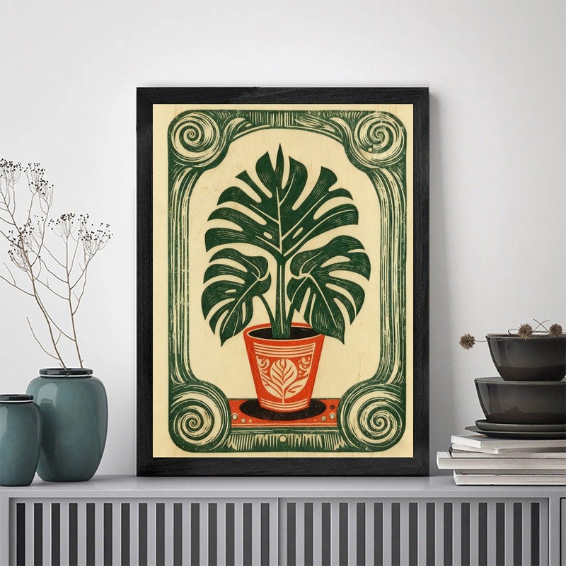 Reproduction botanique rétro encadrée noire Mid-Century, H 11 po x l 9 po