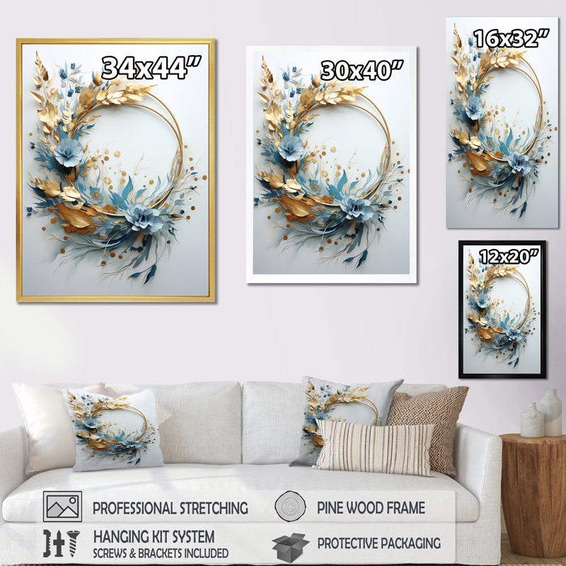 «Bold And Blue Wreath Simplicity I», reproduction sur toile, H 40 po x l 30 po x P 1,5 po, Cadre simple argenté