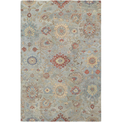 Tapis bleu sarcelle / kaki en laine touffeté à la main Solveg