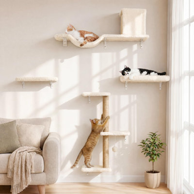 Étagères murales pour chat avec griffoir, ensemble jungle flottant 4 pièces comprenant un coussin ondulé, une niche et un arbre à chat, blanc