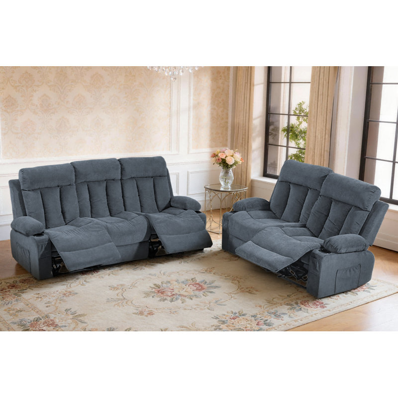 Ensemble de canapé inclinable manuel, 2 pièces de meubles de salon inclinables avec porte-gobelets pour cinéma maison, bureau (bleu, canapé + causeuse)