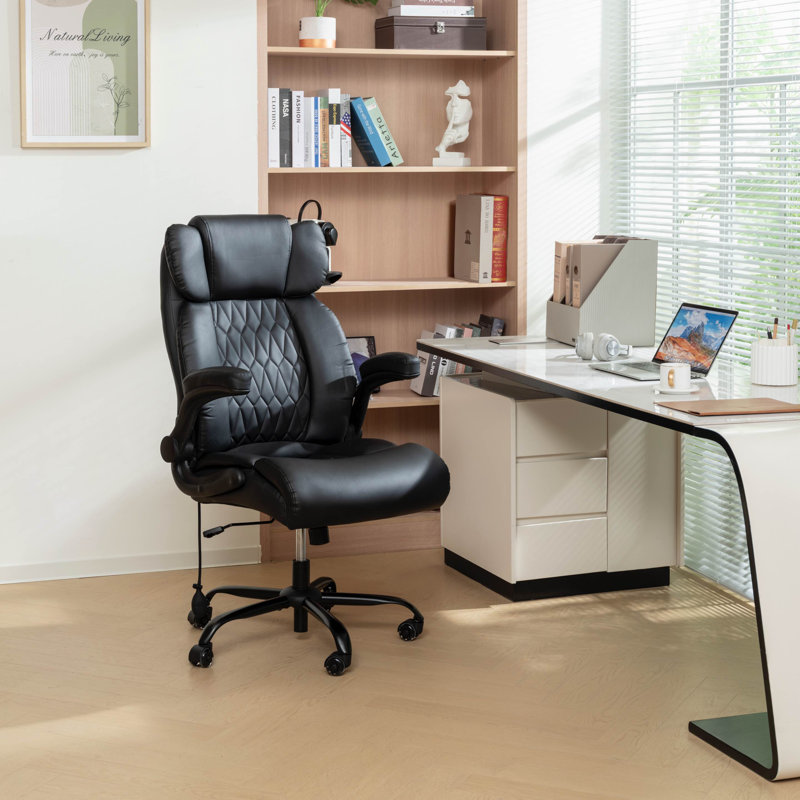 Ergonomic Office Chair,Executive Computer Chair With  Flip-Up Armrests Black Leather, Black