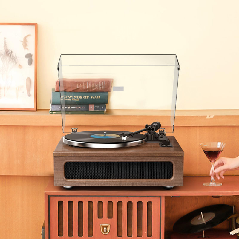 Vintage Brown MDF Belt Drive Turntable with Built-In Speakers