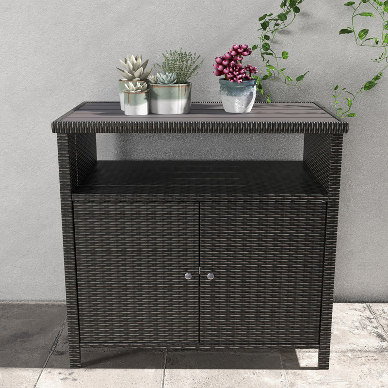 Caetlin Rectangular Wicker/Rattan Outdoor Buffet & Console Table, Dark Brown