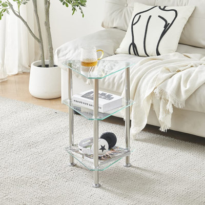 Glass Sofa Table Side Table Small With Storage Shelf, Living Room 2 Tiers Corner Coffee End Table Bedroom Little Nightstand Beside Table (3 Tiers Clear, Triangle)