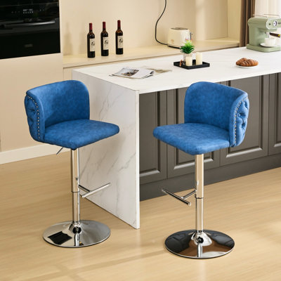 2 tabourets de bar en cuir PU bleu - hauteur réglable, pivotant à 360 °, support de dossier ergonomique avec taille, base de 2 en cuir de 17,7 pouces, hauteur du siège de 25 à 33 pouces, rotation, soutien de la taille, solide