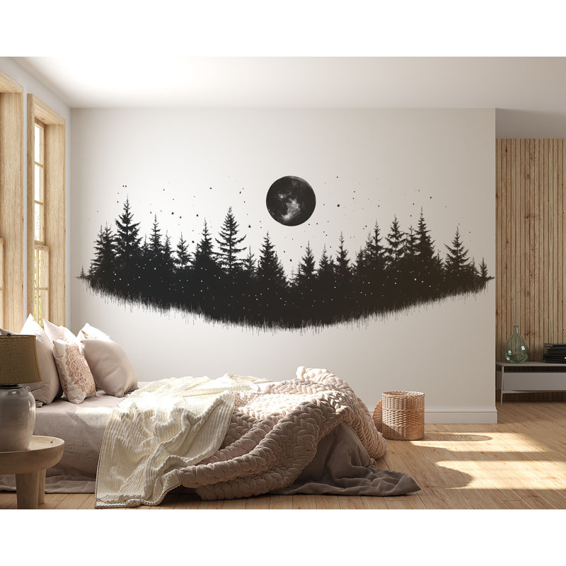 Adhésif mural lune forêt, autocollant mural arbre noir, art mural forêt, murale de chambre à coucher, décor de ciel nocturne, 535Mv