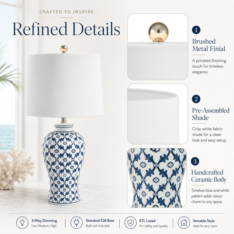 Sharie 24.5" Modern Blue and White Ceramic Table Lamp with 3-Way Dimming, Navy Blue