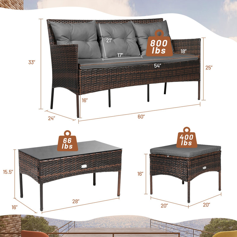 4 - Person Patio Conversation Set with Cushions, Gray