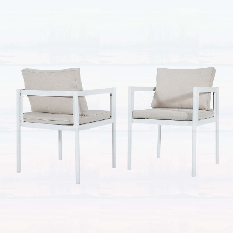 Ensemble de 2 chaises d'extérieur élégantes toutes saisons, structure en aluminium blanc avec coussins beiges, capacité de 300 lb