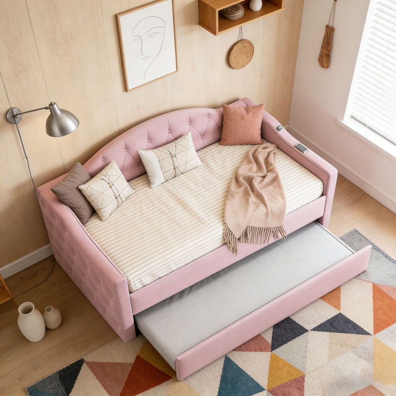 Tufted Upholstered Daybed with Trundle ,Velvet Sofabed with USB&Type-C Charging Ports,No Box-spring Needed, Pink
