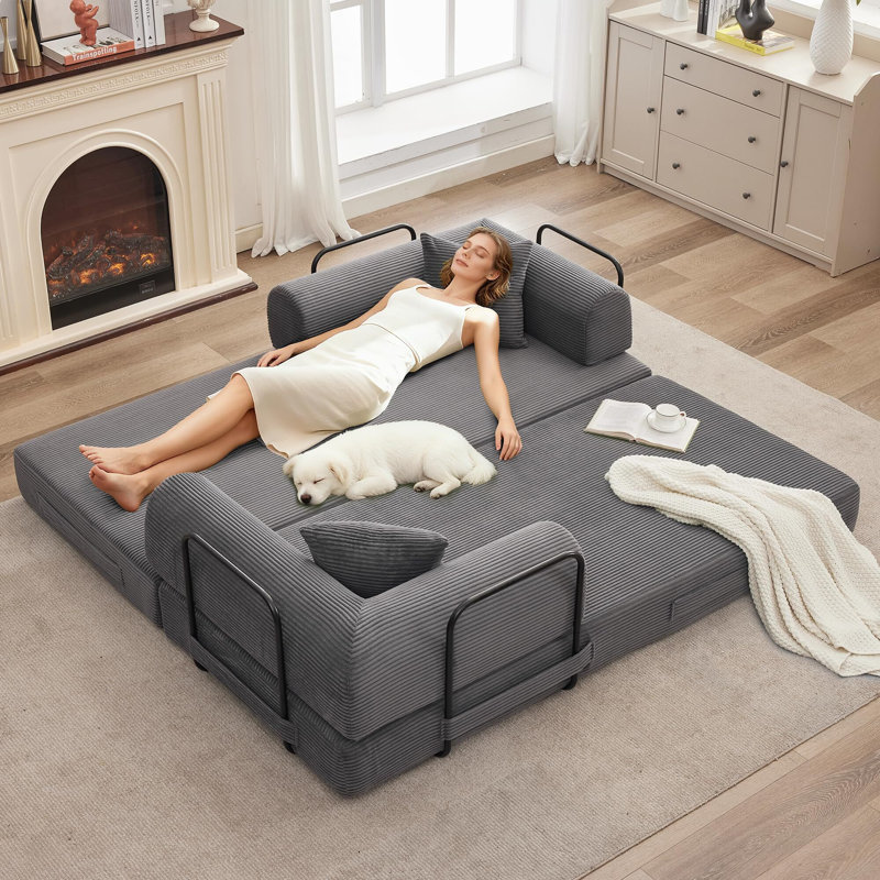 4-in-1 Convertible Corduroy Sofa Bed, Folding Futon Couch with Pillows, King Size Floor Sleeper, Gray