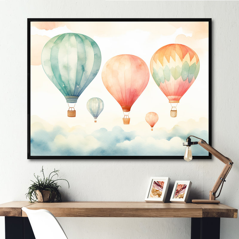 Vert et rouge, aquarelle, montgolfière Horizon I - montgolfière, art mural, Cadre flottant noir, H 24 po x l 32 po x P 1 po