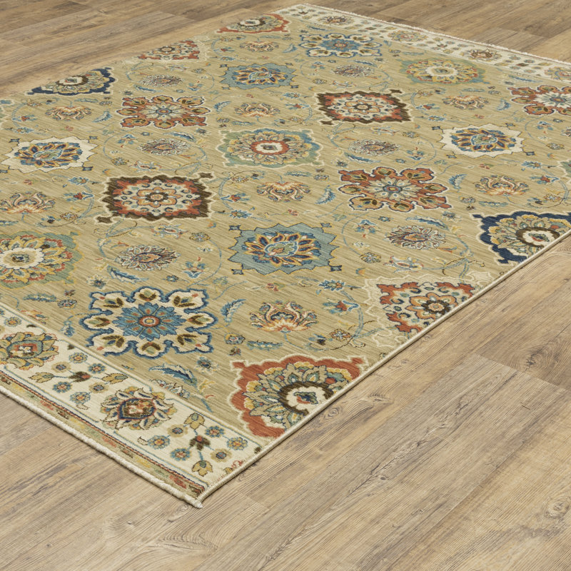 Tapis floral en polypropylène tissé à la machine brun clair / rouge / brun, Rectangle 7 pi 10 po x 10 pi 10 po